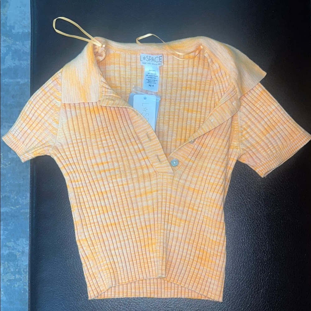 L*Space Orange Ribbed Button Down Shirt with Sailor Collar